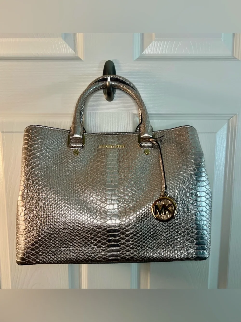 Michael Kors Metallic Golden BronzeSnake-Embossed Top-Handle Satchel - Picture 16 of 16